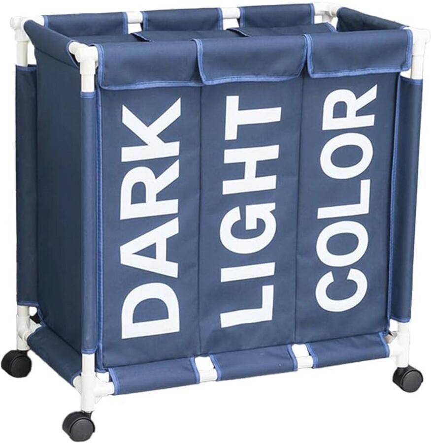 UNISTRENGH Wasmand Oxford-stof wasmand waterdicht vuile wasmand 3 vakken met wielen 61 x 35 x 65 cm (blauw)