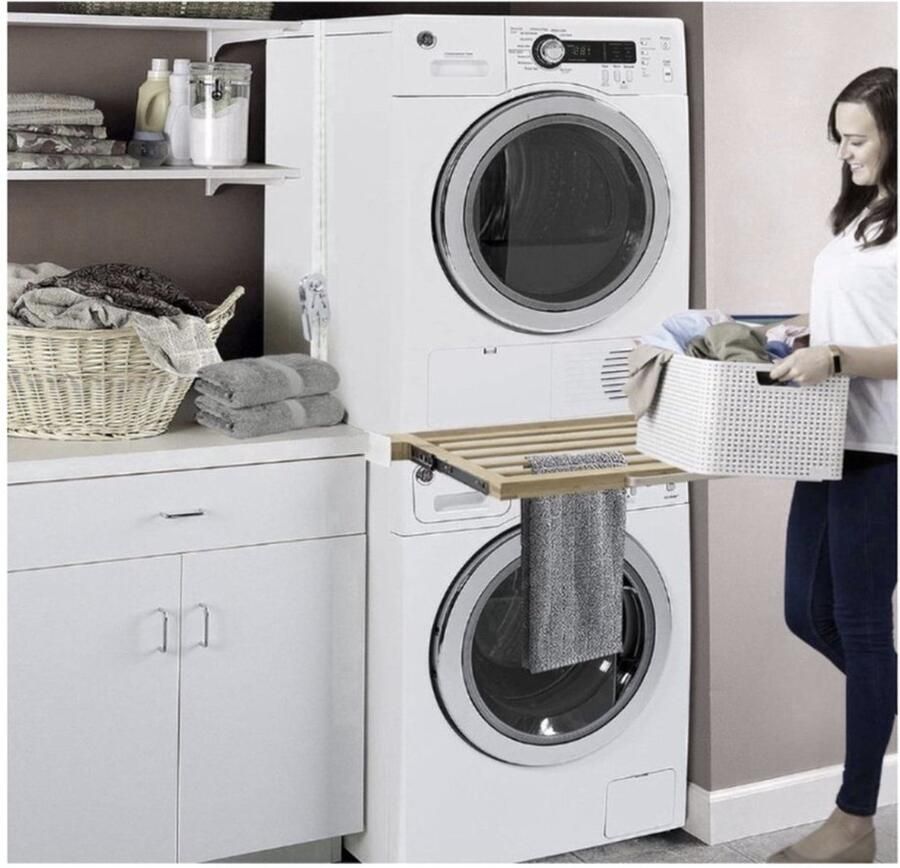 Universeel stapel- verbindingsframe voor wasmachine en wasdroger met uittrekbaar rek voor wasmand tussenframe wasmachine en droger met ratelkabel breedte: 60 cm