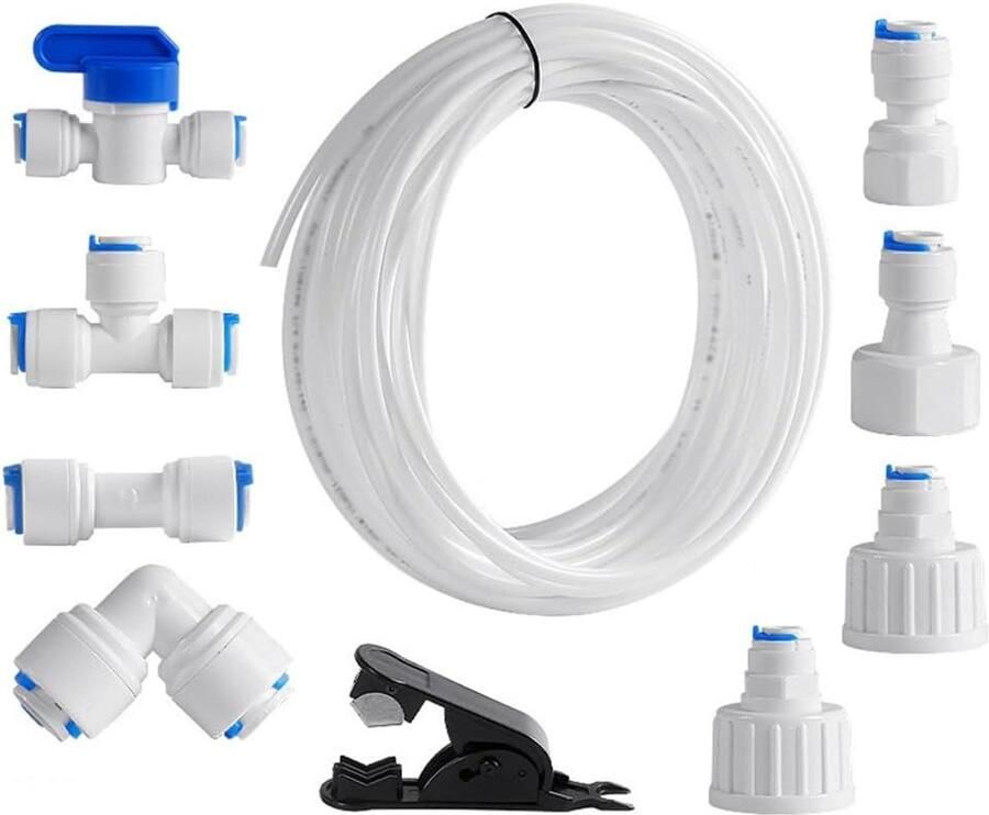 Universele Waterfilter Aansluitingen 1 4 Snelle Koppeling met Kogelklep Slangensnijder en 20m Slang voor Koelkasten en Koffiemachines (Set C)