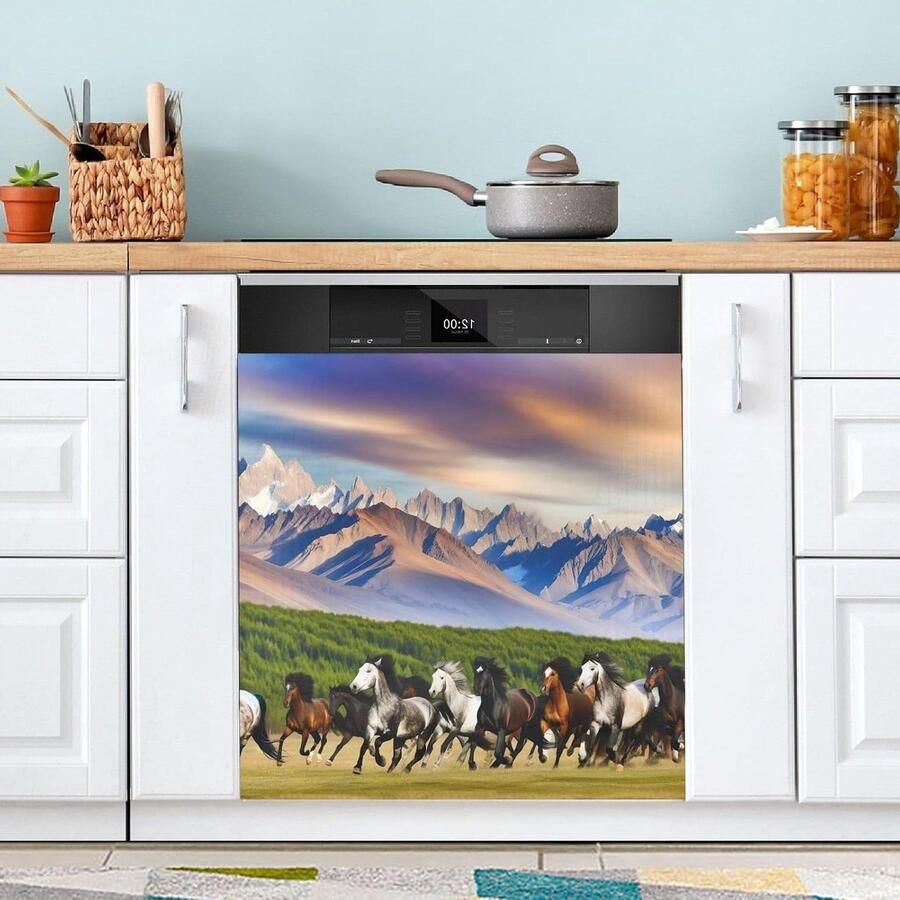 Vaatwasser Magneet Cover Keuken Decoratie Keuken Opfrissen Aanpasbare Maat 23x26 Inch Rennend Paard Berg