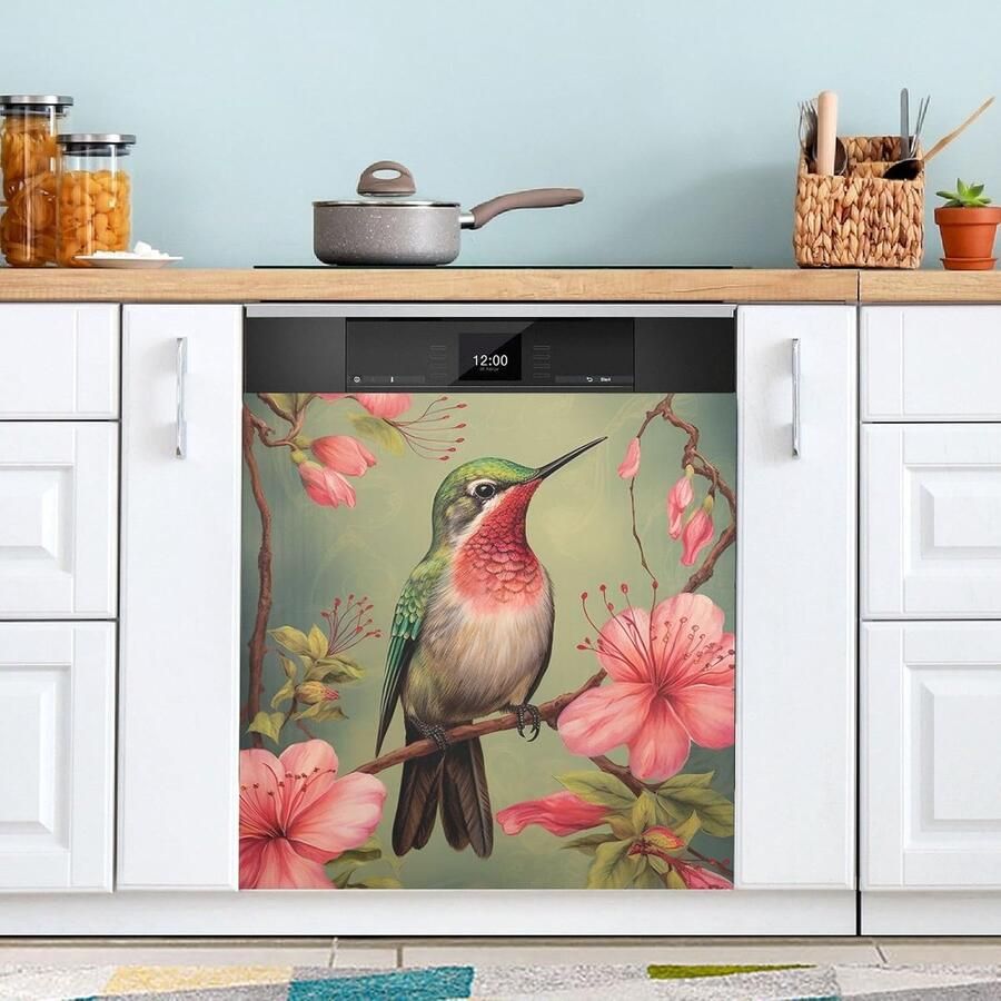 Vaatwasser Magneten Covers Keuken Decoratie Magneet Keuken Opfrissen Dubbele Functie 23x26 inch Vogel met Roze Bloemen