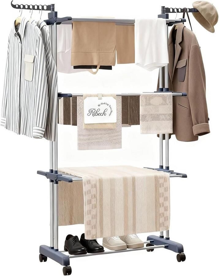 Wasrek Toren Droogrek Staand Kleding Drogen Vouwbare Zijkanten 4 Lagen 76cm Grijs