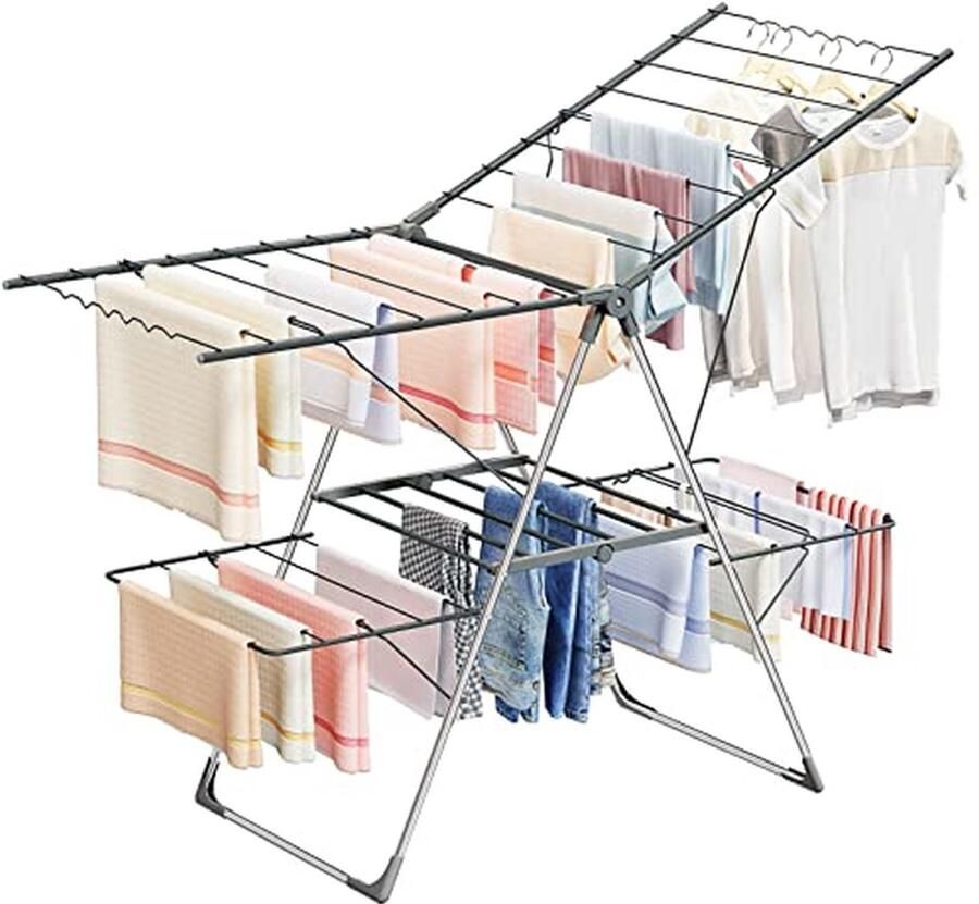 Wasdroger Opvouwbaar Droogrek 2 Niveaus Kleding Drogen 33 Droogstangen 141 x 99 x 58 cm Grijs