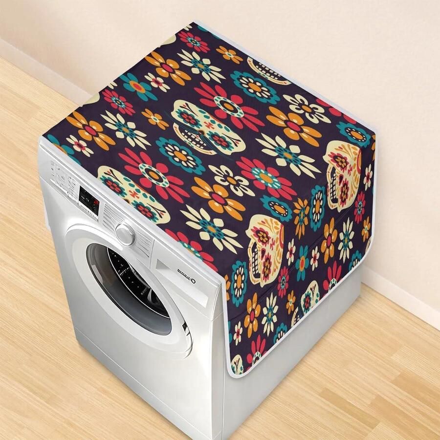 Wasmachine Drogerhoes Apparaat Cover Apparaten Beschermen Met 6 Opbergzakken 117 x 485 cm Kleurrijke Schedels Bloem