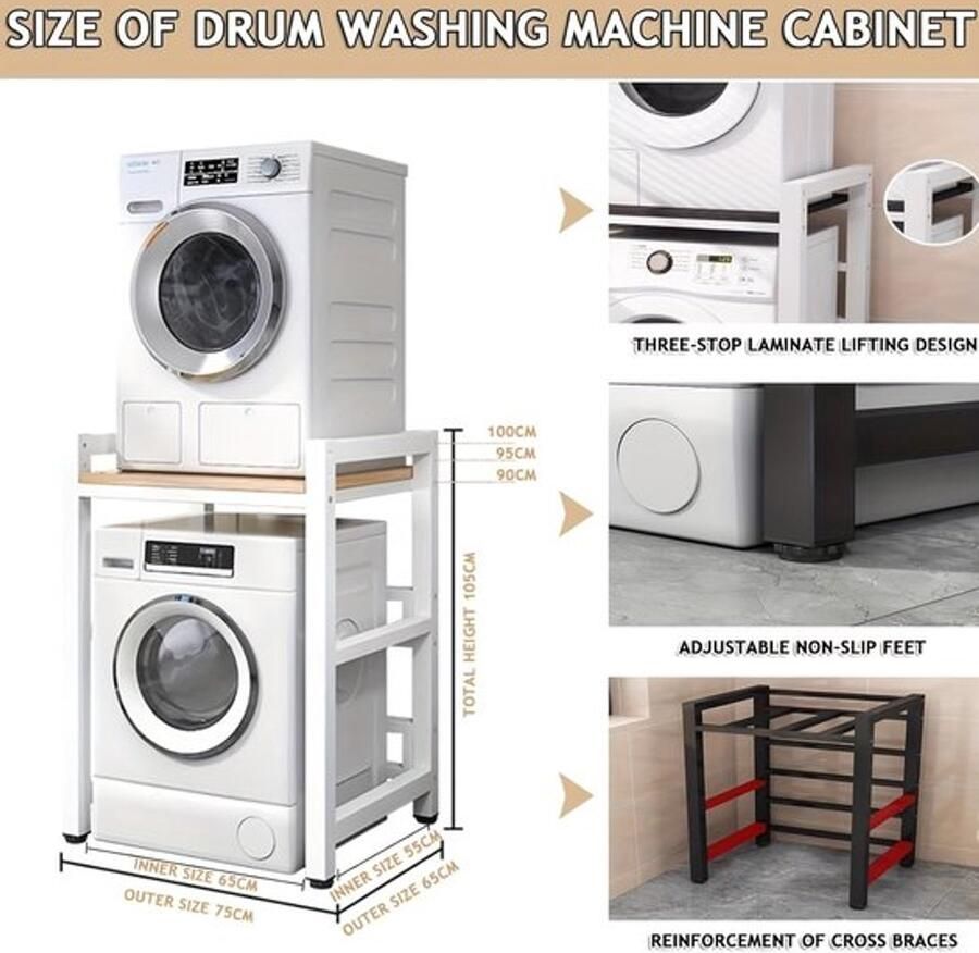 Corenia Wasmachinekast – Wasmachine Ombouw – Drogerkast – Wasmachine Meubel – Badkamerkast – Walnoot Kleur – Verstelbare Planken – Gietijzer Frame