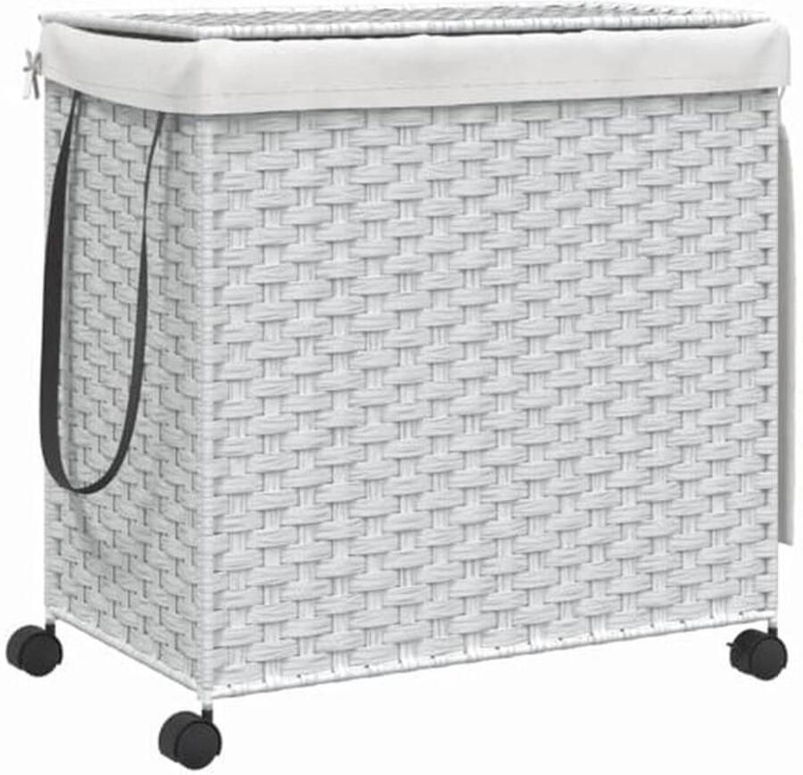 Wasmachine mand op wielen 60x35x60.5cm Waskorf 3 Compartimenten Wasemmer Rieten Wasmand