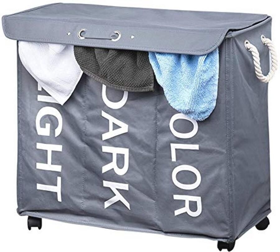Wasmachine met 3 Compartimenten Vouwbare Wasmand met Wielen Strakke Grijze Oxford Stof