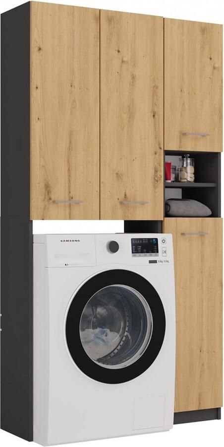 Wasmachine Ombouw Antraciet Eiken-Opbouwmeubel -Wasmachinekast