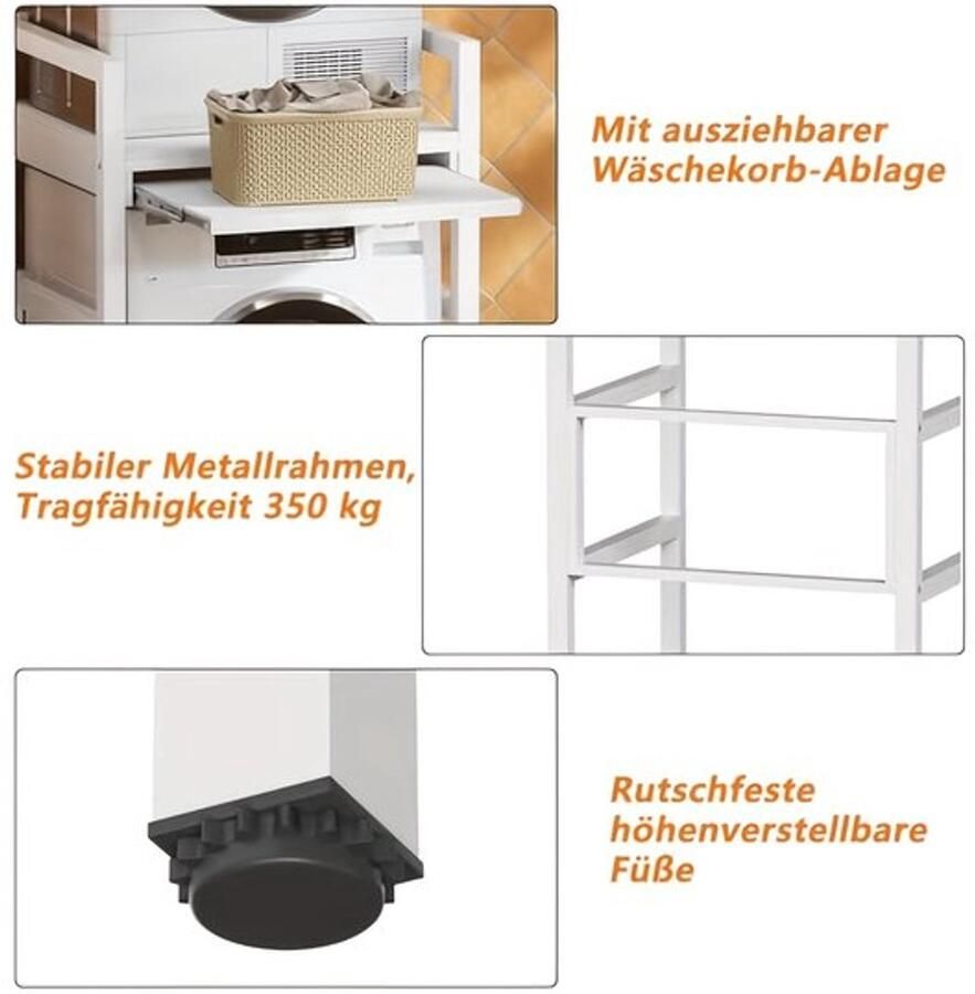 Corenia Wasmachine Rek – Drogerrek – Wasruimte Organizer – Wasmachine Plank – Wasmachine Kast – Verstelbaar In Hoogte – Versterkt Koolstofstaal 350kg Draagvermogen – Wit Zwart - Foto 2