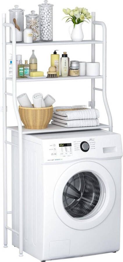 Wasmachine verhoger 3-tier opbergrek voor wasmachine en droger ruimtebesparend badkamerrek toilet bovenkast multifunctioneel verstelbaar wit staal Wasmachine verhoger