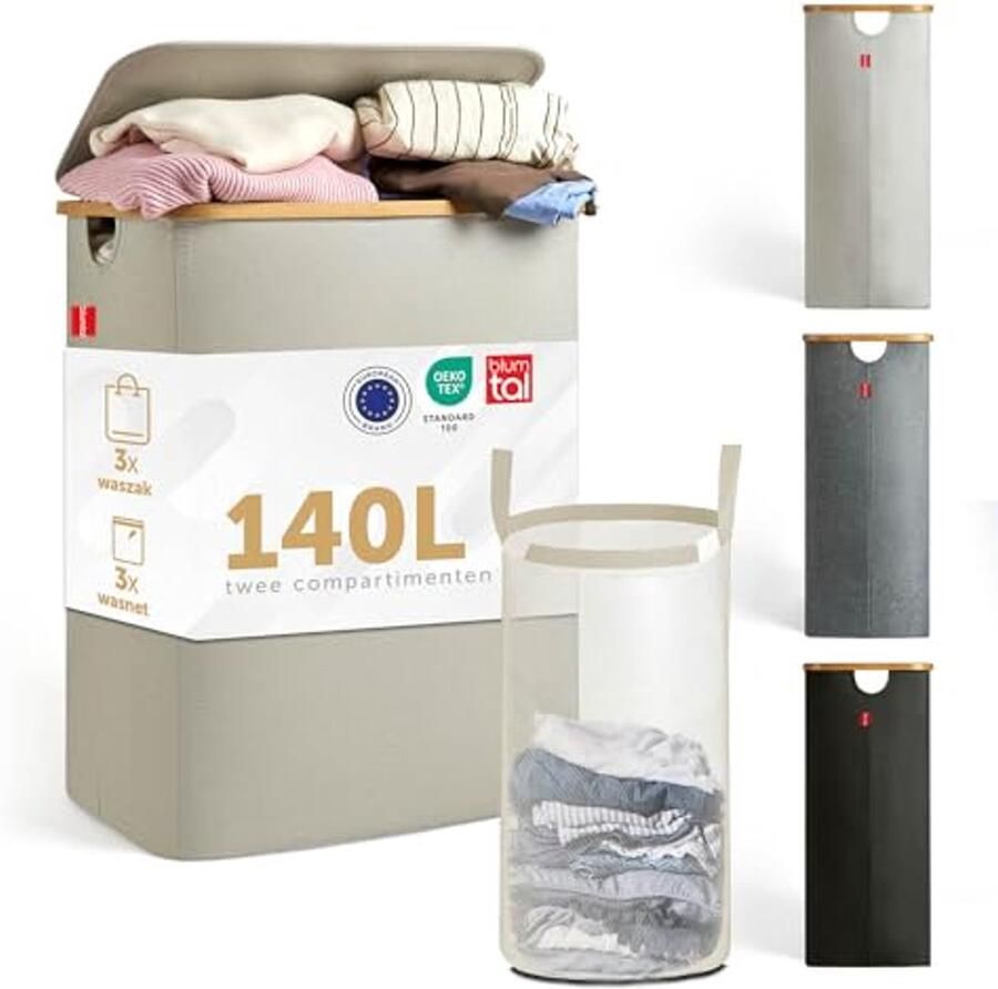 Wasmand 140L met 2 Afneembare Waszakken en Deksel 2 Compartimenten Beige
