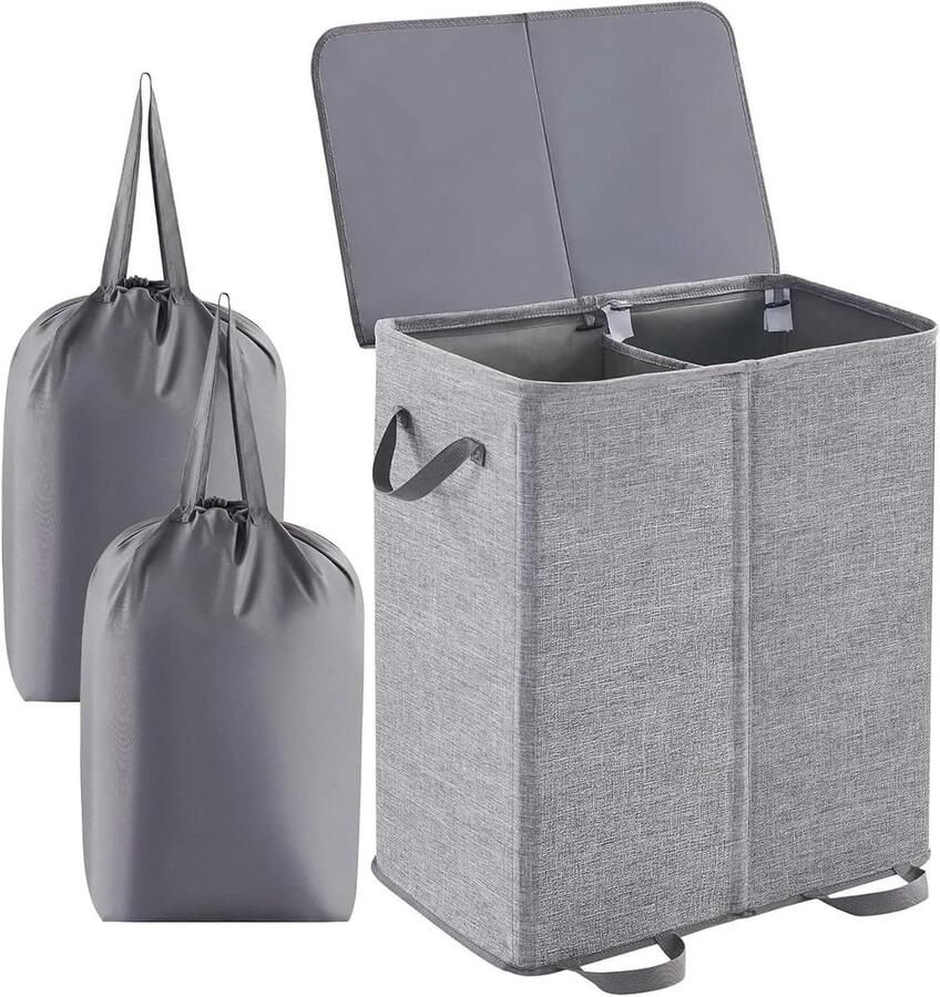 Wasmand Dubbel Kledingmand Opvouwbaar Kleding Sorteren Met Deksel Grote Capaciteit Grijs