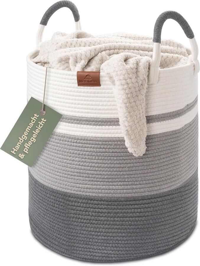 Wasmand Gevlochten Katoen Ø 41 cm Opvouwbare Wasverzamelaar en Opbergmand in Grijs Wit