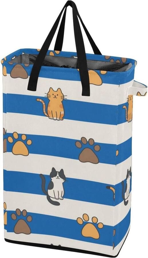 Wasmand Kledingmand Opvouwbaar Opruimen Thuis Waterdichte Oxford Stof 48L Capaciteit Blauw Wit Gestreepte Kattenpoot