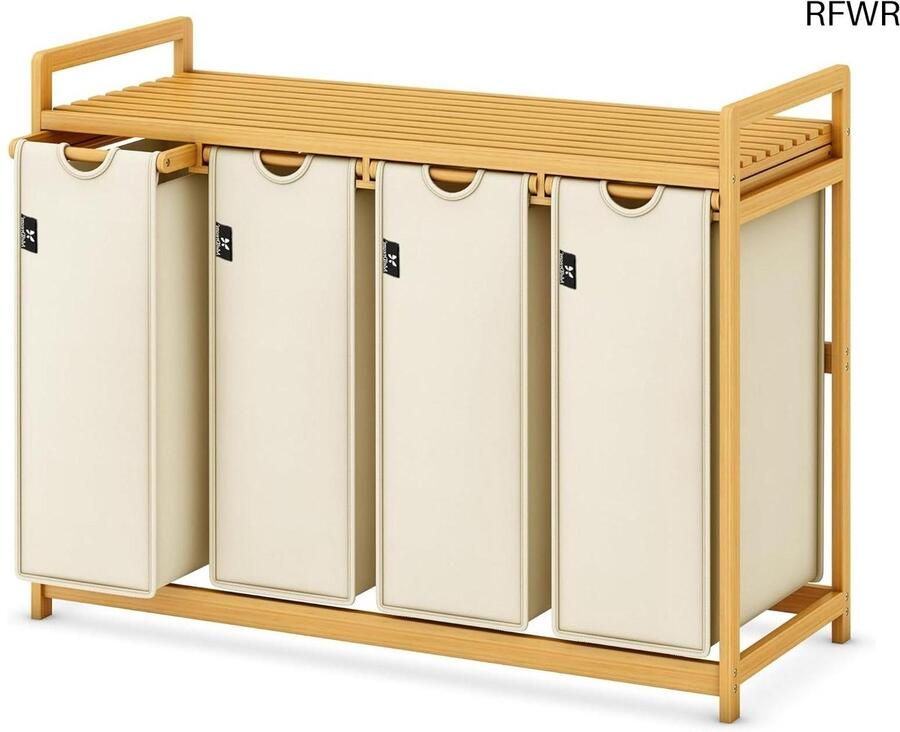 Wasmand met 4 vakken Kleding organizer Was sorteren Uittrekbaar en afneembaar 200 liter Beige