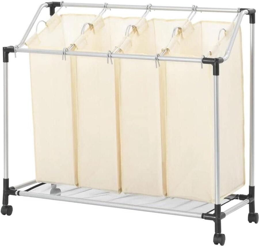 Wasmand met 4 Vakken Kledingmand Opbergmand Kleding Sorteren Afneembare Zakken 20 kg Laadvermogen Crème