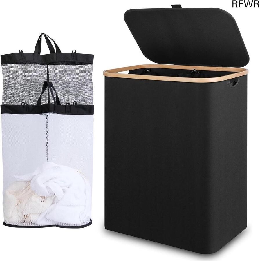 Wasmand met deksel Dubbele mand Kleding sorteren Afneembare binnenvoering 150 liter Zwart