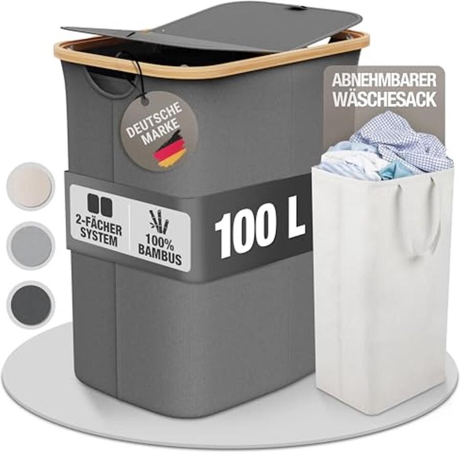 Wasmand met Deksel en 2 Vakken – Duurzame Bamboe met 100 Liter Capaciteit – Ideaal voor Was Sorteren