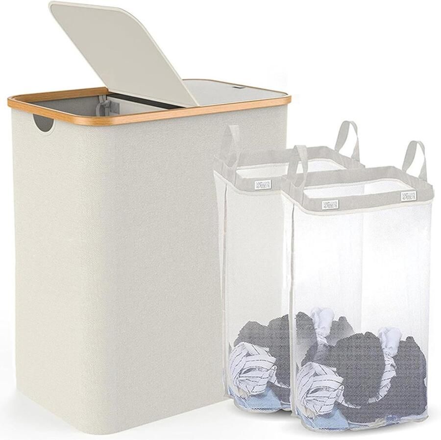 Wasmand met deksel Kleding opberger Kleding sorteren Twee compartimenten 150 liter Beige