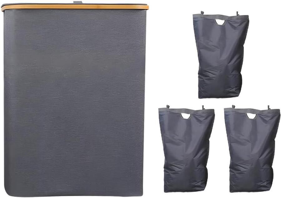 Wasmand met Deksel Kleding Opberger Ruimte Besparen 3 Verdelers 160 Liter Grijs - Foto 1