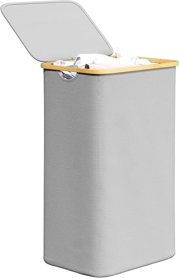 Wasmand met deksel Kledingmand hoog Kleding sorteren Altijd rechtopstaand 110 Liter capaciteit Lichtgrijs