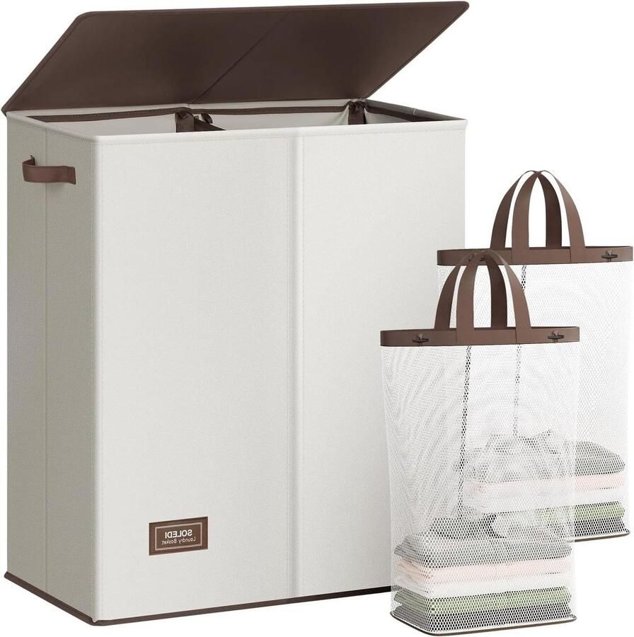Wasmand met Deksel Opvouwbare Mand Sorteren van Wasgoed Twee Uitneembare Zakken 145 Liter Capaciteit Gebroken Wit