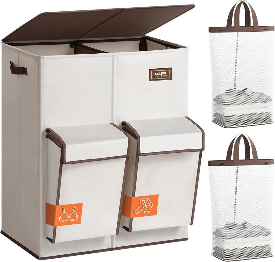 Wasmand met deksel Vuile kledingmand Kleding sorteren 4 aparte compartimenten 180 liter capaciteit Beige