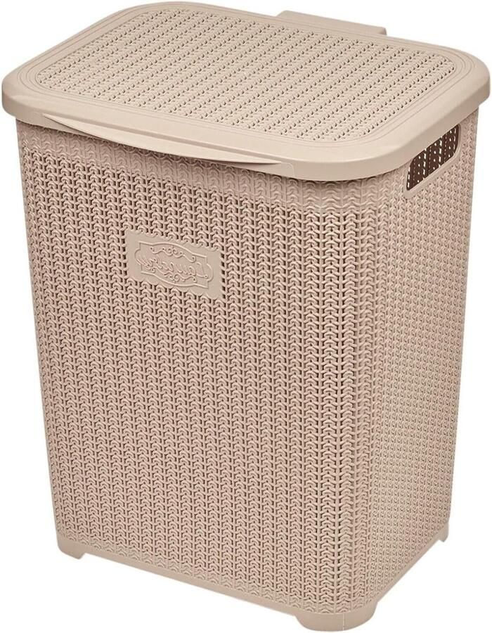 Wasmand met deksel Vuile was mand Waskamer organiseren Rotan geweven patroon 47x36x33 cm Cappuccino