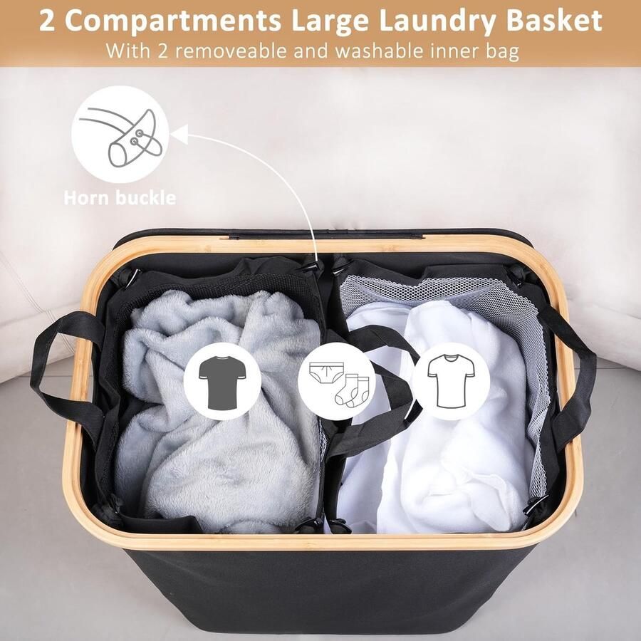 Wasmand met Deksel Vuilnisbak Kleding Sorteren Dubbele Compartimenten 150 Liter Zwart