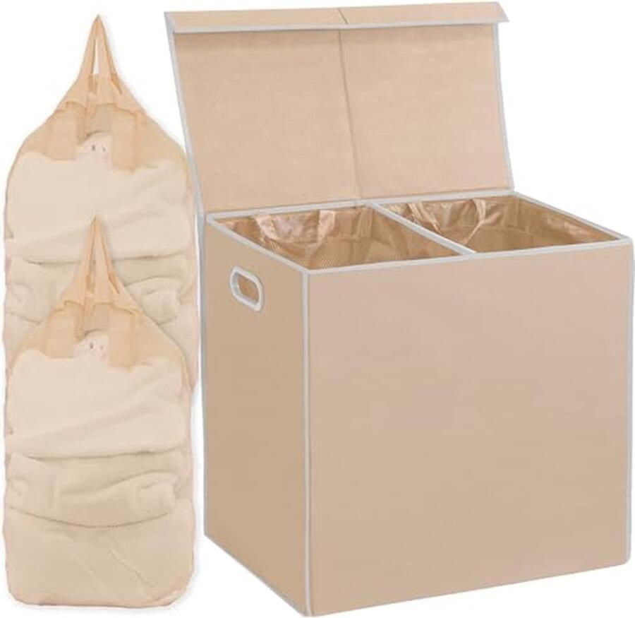 Wasmand met Deksel Vuilnisbak Wasgoed Kleding Opbergen Afneembare Waszakken 58 x 33 x 58 cm Beige