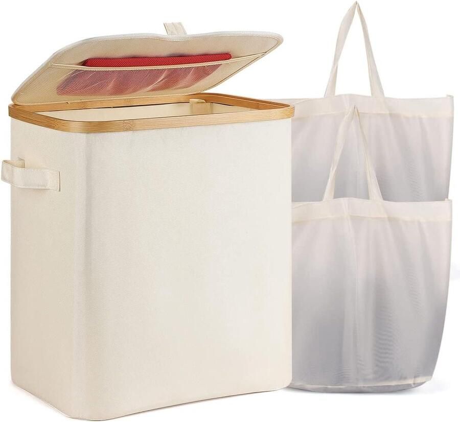 Wasmand met deksel Wasopberger Kleding sorteren Uitneembare waszakken 60 liter Beige