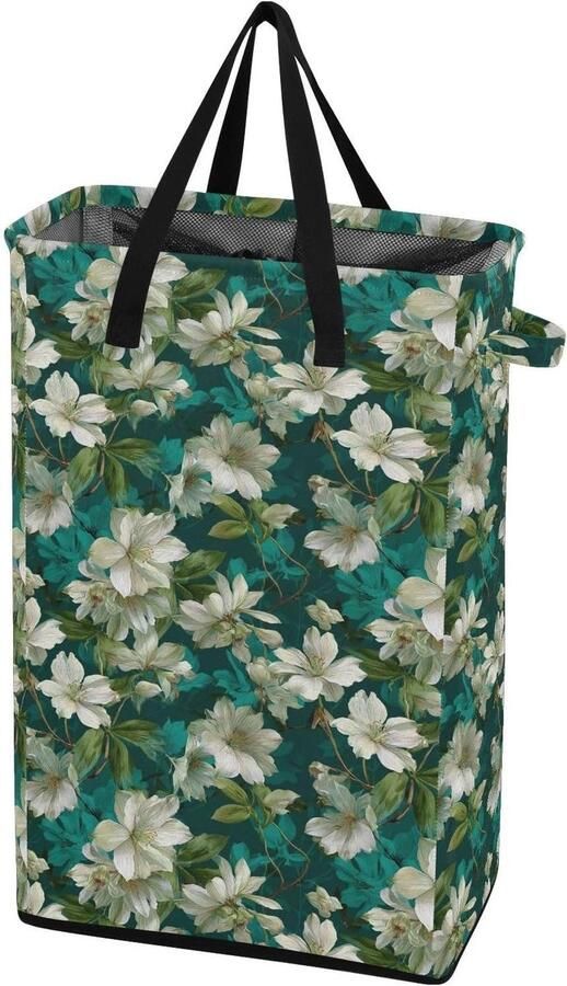 Wasmand met handvatten Kleding mand Opbergen van wasgoed Vrijstaand ontwerp 48L capaciteit Bloemen smaragd