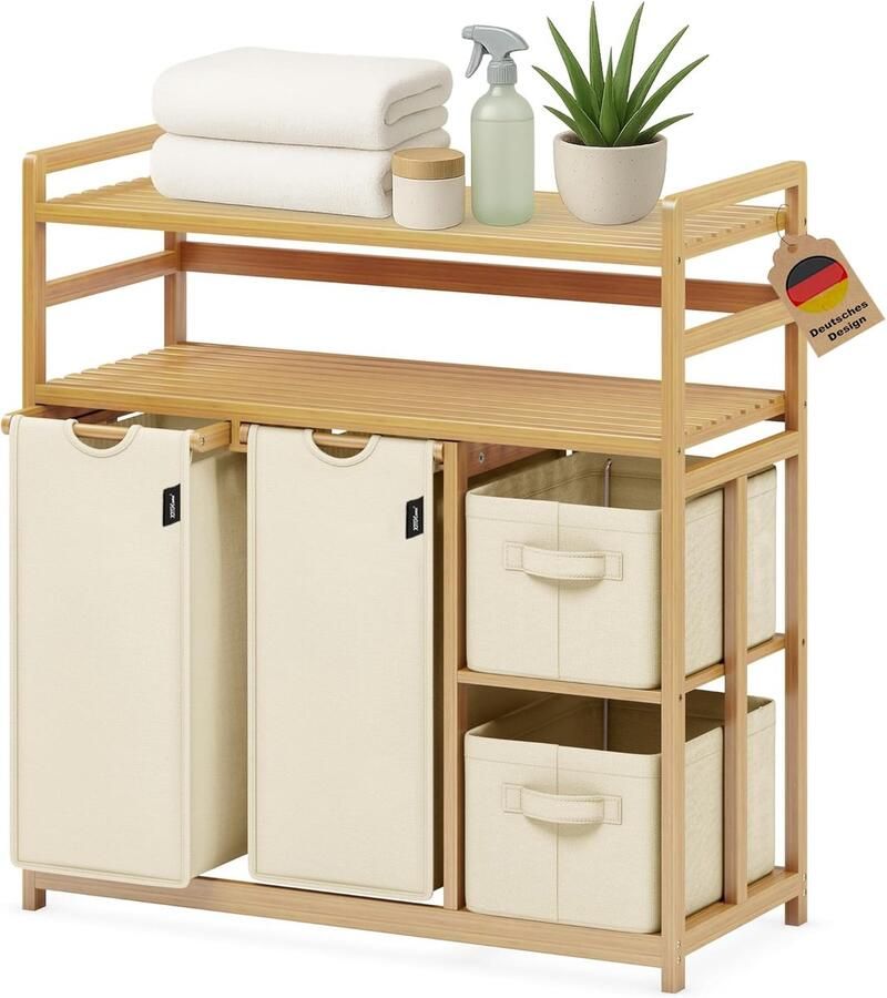 Wasmand Met Plank Kleding Opberger Huis Opruimen Vierdelig Sorteer Systeem 138 Liter Beige