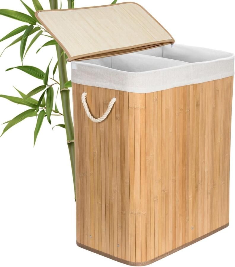 Wasmand met scheidingswand Kledingmand opbergmand Kleding sorteren Natuurlijke bamboe 105 Liter Wit