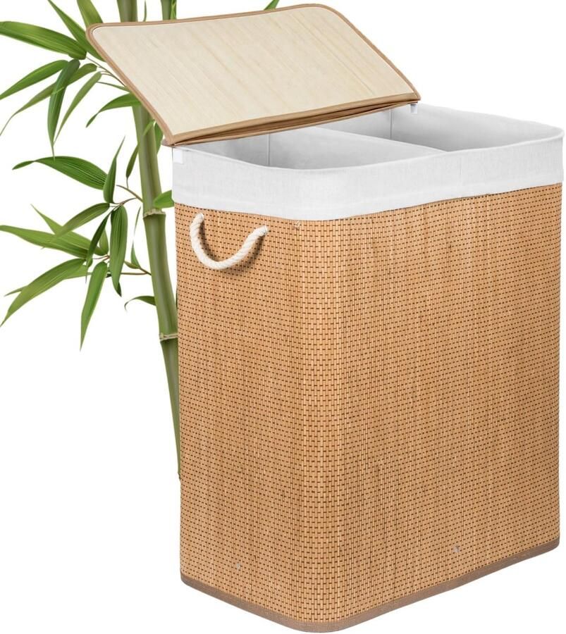 Wasmand met verdeler Kleding sorteren Wasgoed organiseren Vochtbestendig bamboe 105 liter capaciteit Natuurlijk met wit
