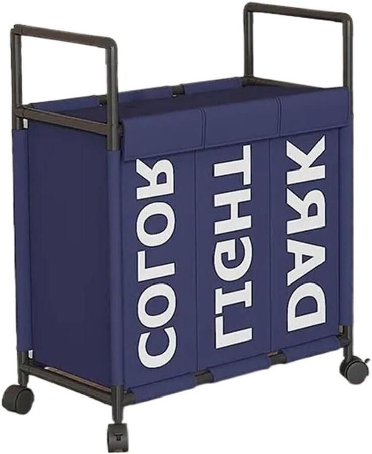 Wasmand met wielen Kleding organizer Huishouden organiseren Drie aparte vakken Grote capaciteit Blauw