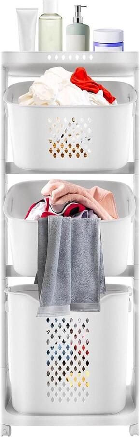 Wasmand met Wielen Kleding Organizer Was Sorteren Vier Compartimenten 109 cm Hoog Wit