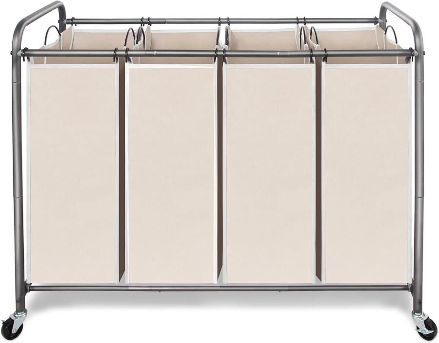 Wasmand Met Wielen Kleding Sorteerder Kleding Opbergen Verwijderbare Zakken 4 Vakken Beige - Foto 1