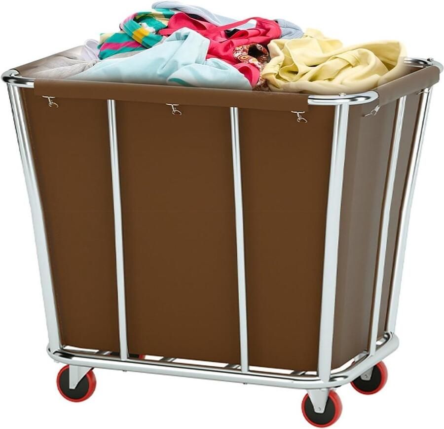 Wasmand met Wielen Kledingmand Grote Huishoudelijk Organiseren Roestvrijstalen Frame 400 Liter Bruin