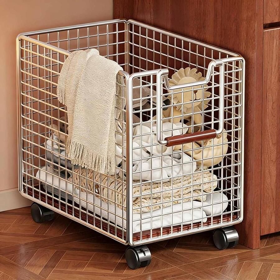 Wasmand met wielen Kledingmand mobiel Was sorteren Grote capaciteit 44 x 28.5 cm Zilver