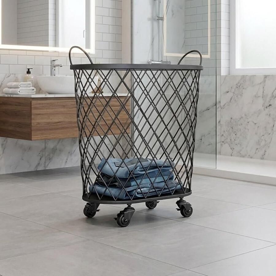 Wasmand Met Wielen Kledingmand Rollend Ruimte Besparen Open Gaas Frame 55x45cm Zwart