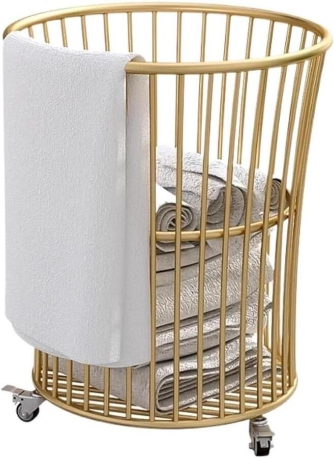 Wasmand Met Wielen Kledingmand Ronde Mand Kleding Opbergen Ademend Metaal Groot Formaat Goudkleurig