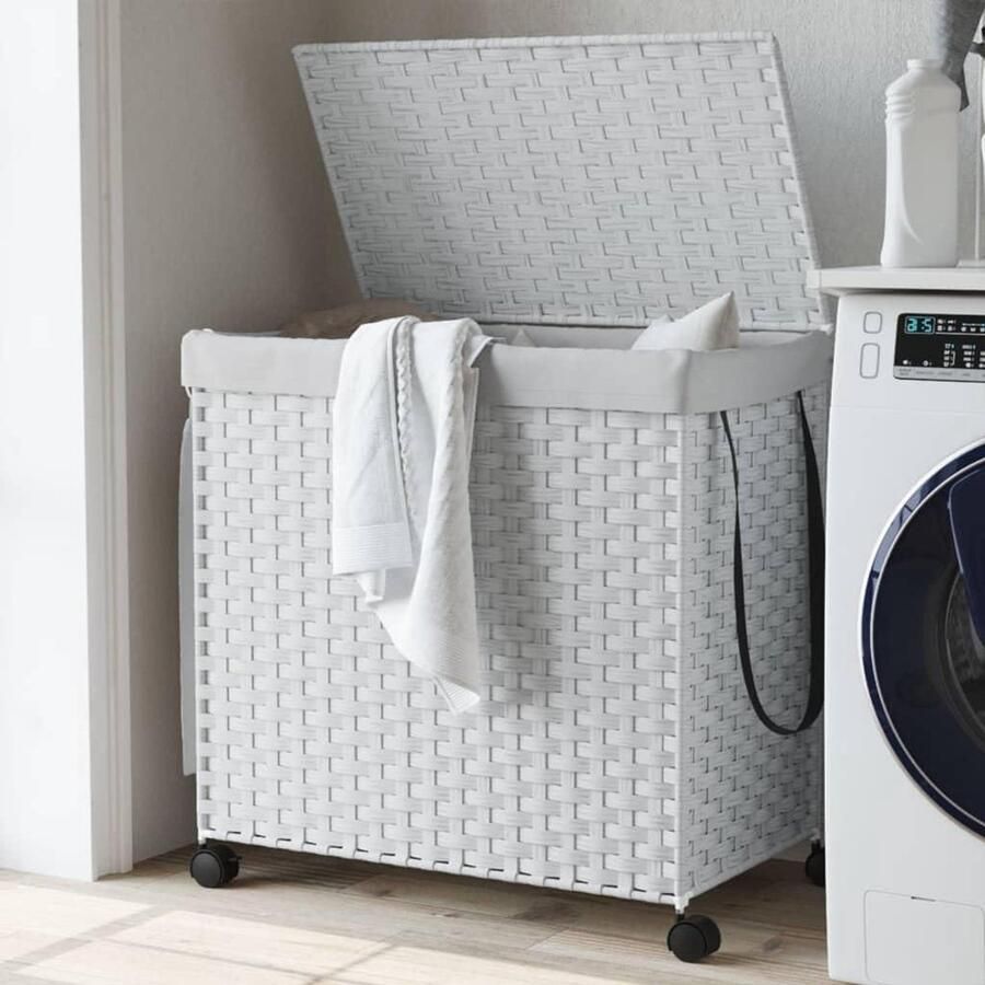 Wasmand met wielen Linnenmand opberger Was sorteren Handgevlochten rotan 60 x 35 x 605 cm Wit