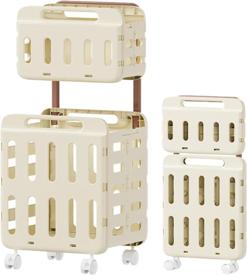Wasmand met wielen Mandwagen opbergbak Kleding sorteren Dubbellaags ontwerp 47x41x14 cm Crèmekleurig