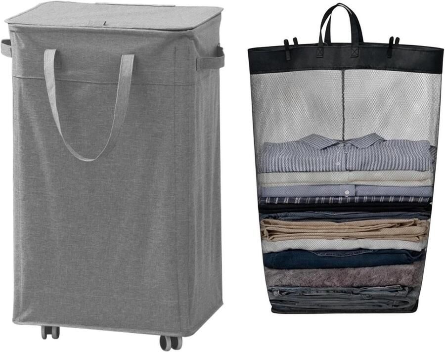 Wasmand Met Wielen Opbergbak Rolbaar Was Sorteren Verstevigd Metalen Frame 75 Liter Grijs