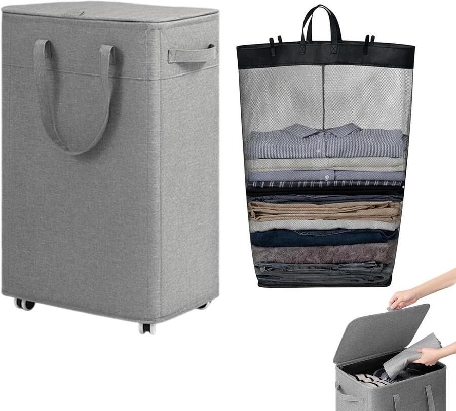 Wasmand Met Wielen Opbergcontainer Wasgoed Huis Organiseren Uitneembare Waszak 75L Capaciteit Grijs