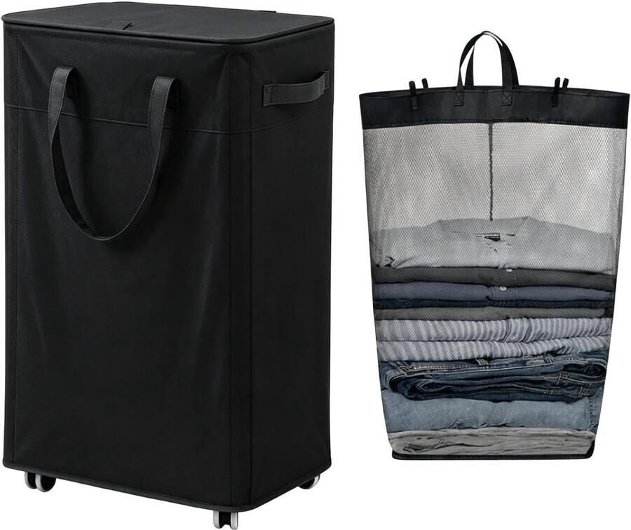 Wasmand met wielen Opbergmand Kleding organiseren Uitneembare waszak 75 Liter Zwart