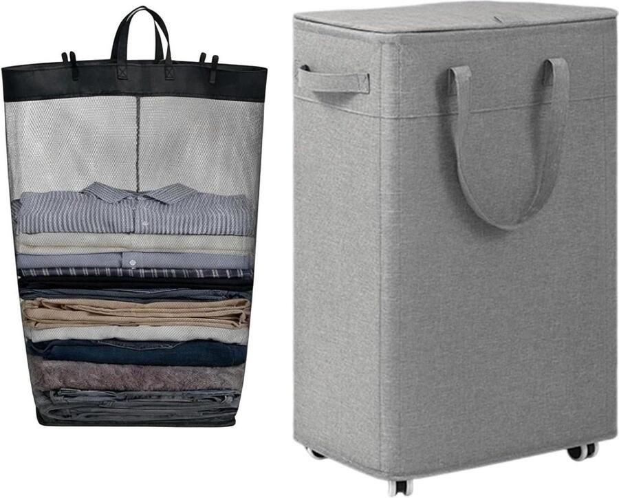 Wasmand Met Wielen Opbergmand Rolbaar Was Organiseren Afneembare Waszak 75L Grijs