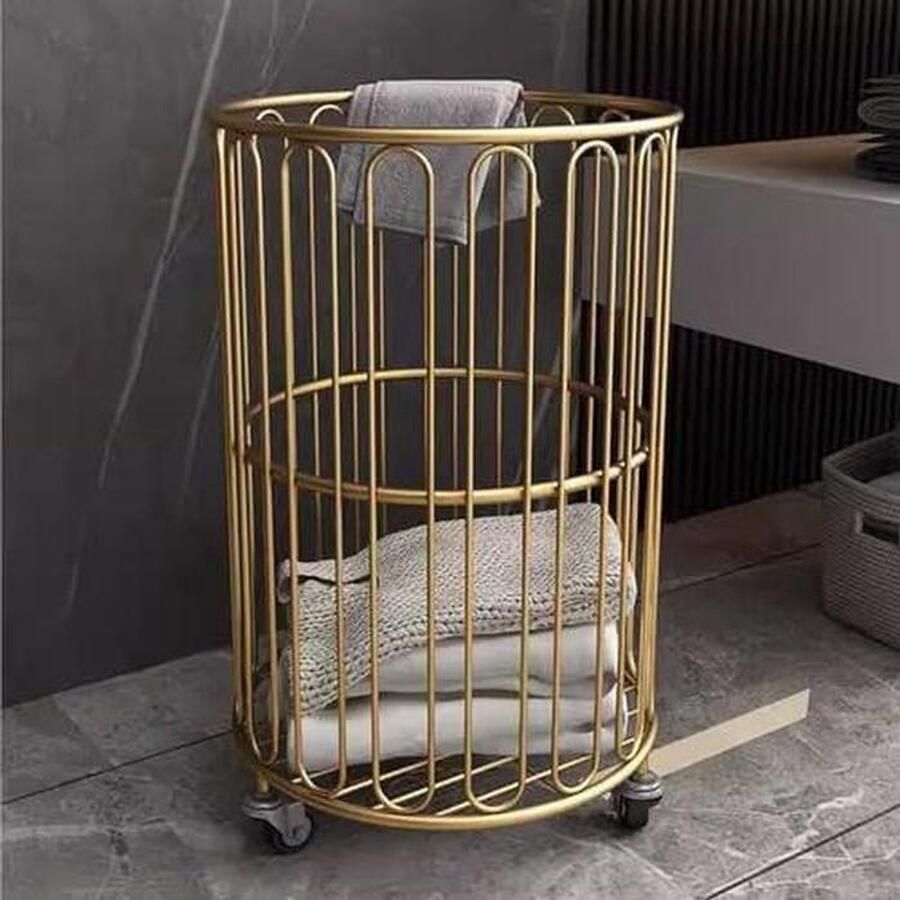 Wasmand met wielen Opbergmand Trolley Sorteren Vuile Was Ademend opengewerkt design 32x54 cm Goud
