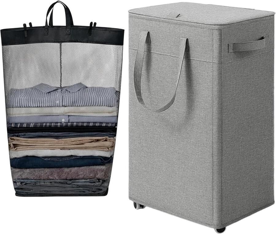 Wasmand met wielen Opbergmand Was organiseren Afneembare zak 75 liter Grijs